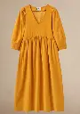 Northline Mustard Midi Dress | Vintage Boho V-Neck Flowy Dress | Cottagecore Aesthetic Fall Outfit with Puff Sleeves