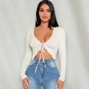 Northline Women's Lycra Lettuce Trim Tie-Front Crop Top | Long Sleeve V-Neck | Trendy Casual Off-White