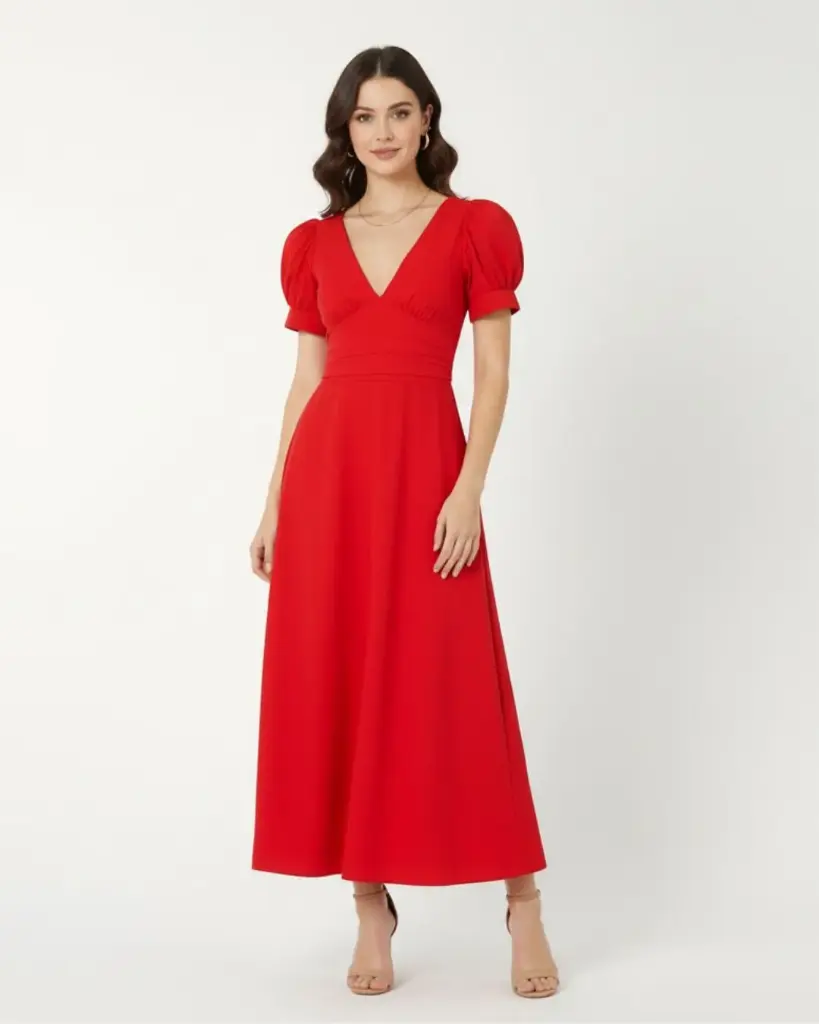 Northline Women's Elegant Puff Sleeve V-Neck Midi Dress | Flowy Fit & Flare Dress for Women