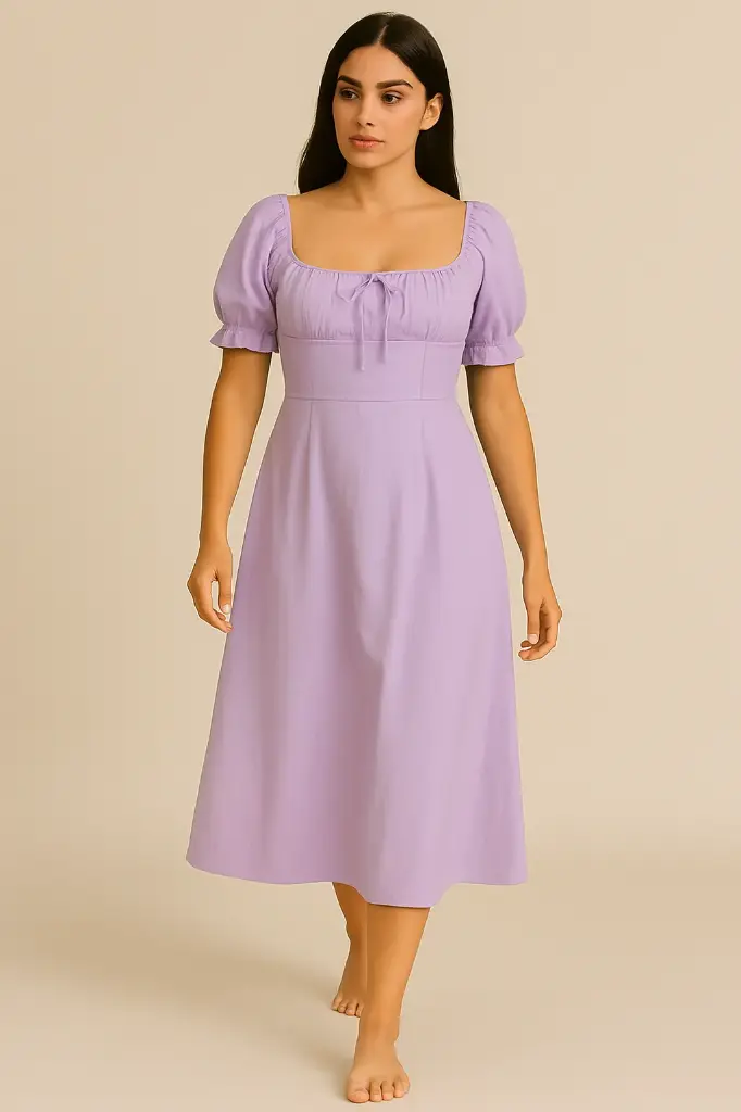 Northline Women's Trendy K-Drama Inspired Square Neck Puff Sleeve Midi Dress – Soft & Elegant