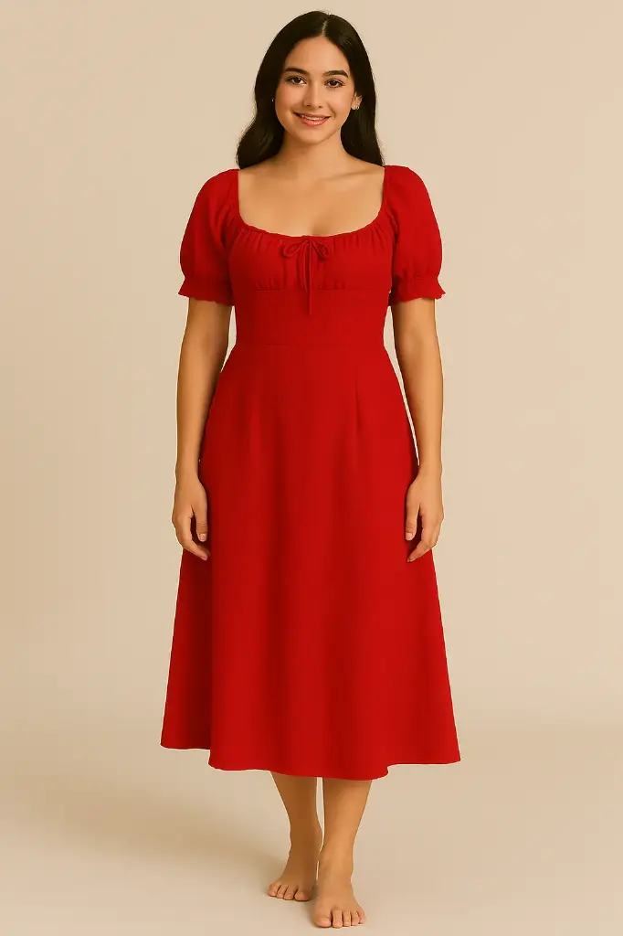 Northline Women's Trendy K-Drama Inspired Square Neck Puff Sleeve Midi Dress – Soft & Elegant