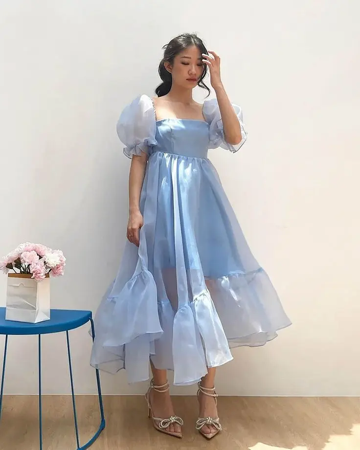 Cinderella Organza Puff Sleeve Midi Dress