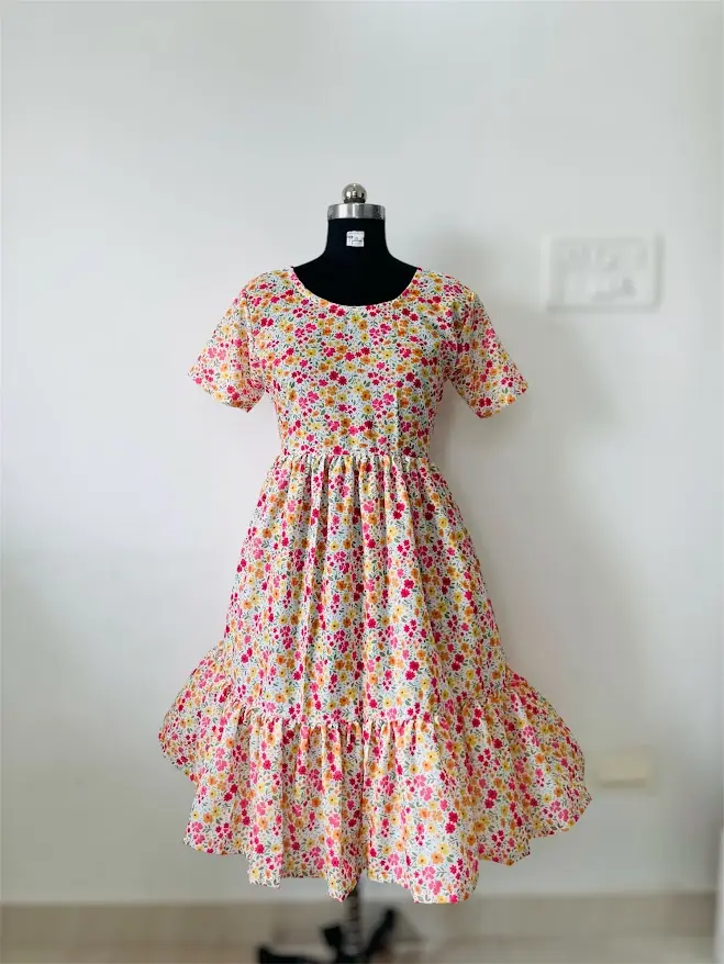 Northline Women's Ditsy Floral Ruffle Tier Cambric Cotton Midi Dress