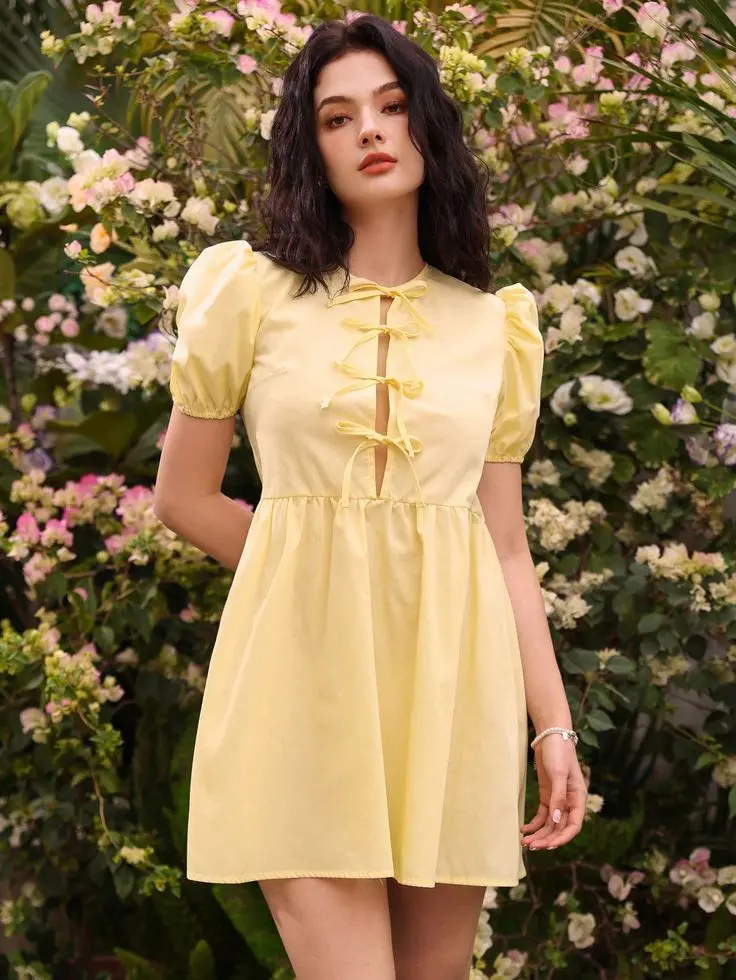 Northline Women's Cute Yellow Bow Front Puff Sleeve Mini Dress – Summer Aesthetic Outfit