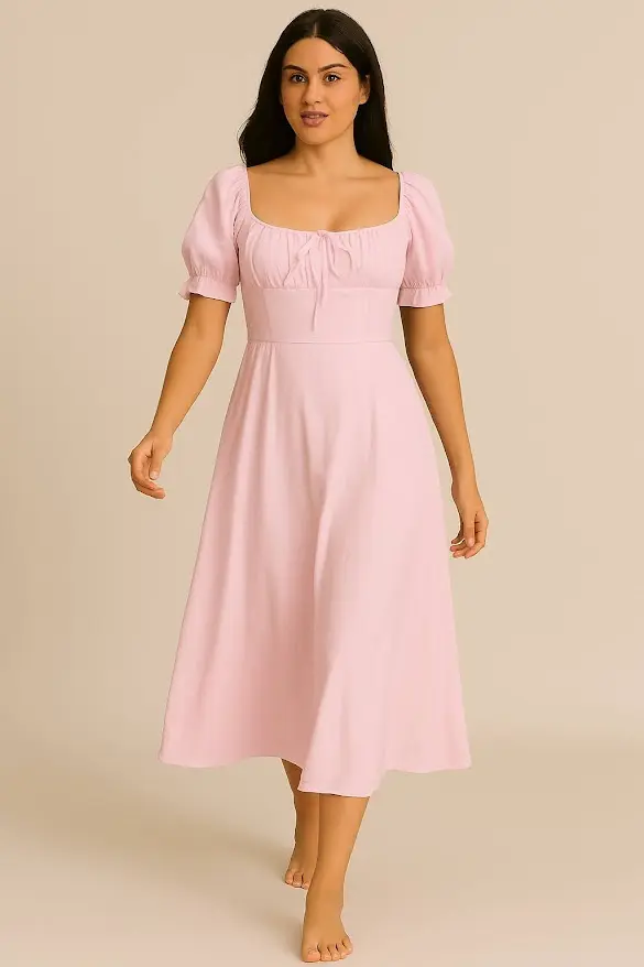 Northline Women's Trendy K-Drama Inspired Square Neck Puff Sleeve Midi Dress – Soft & Elegant