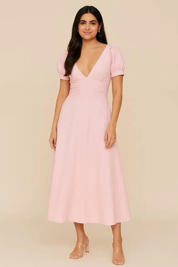 Northline Women's Elegant Puff Sleeve V-Neck Midi Dress | Flowy Fit & Flare Dress for Women