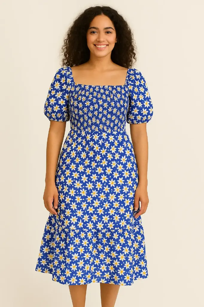 Sky Blue Ditsy Floral Shirred Ruffle Crepe Midi Dress
