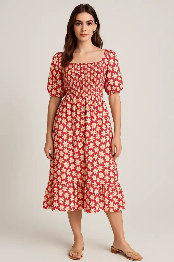 Pink Ditsy Floral Shirred Ruffle Crepe Midi Dress