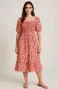 Pink Ditsy Floral Shirred Ruffle Crepe Midi Dress
