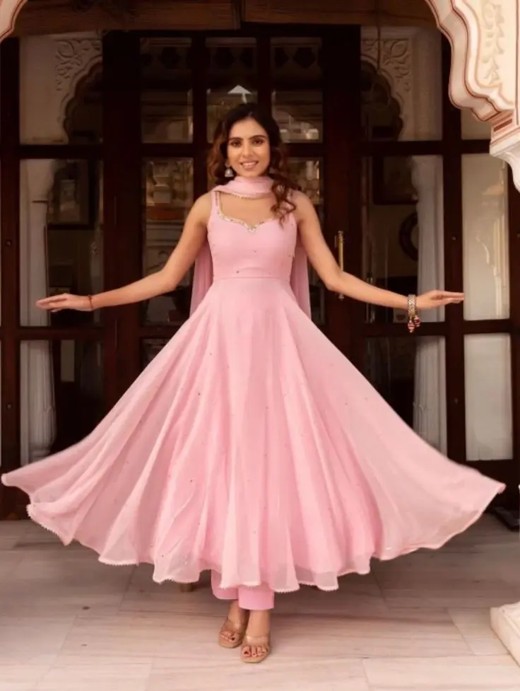 [538572] Northline Baby Pink Chiffon Anarkali Dress with Elegant Golden Edges – Ethnic Wear for Women