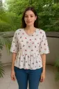 Northline White Red Cherry Ruffle Top for Women – Lightweight Cotton Peplum Blouse with 3/4 Sleeves