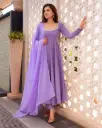 Northline Lilac Georgette Anarkali Dress with Silver Lace Work & Dupatta Suit Set – Women’s Festive, Wedding & Party Wear