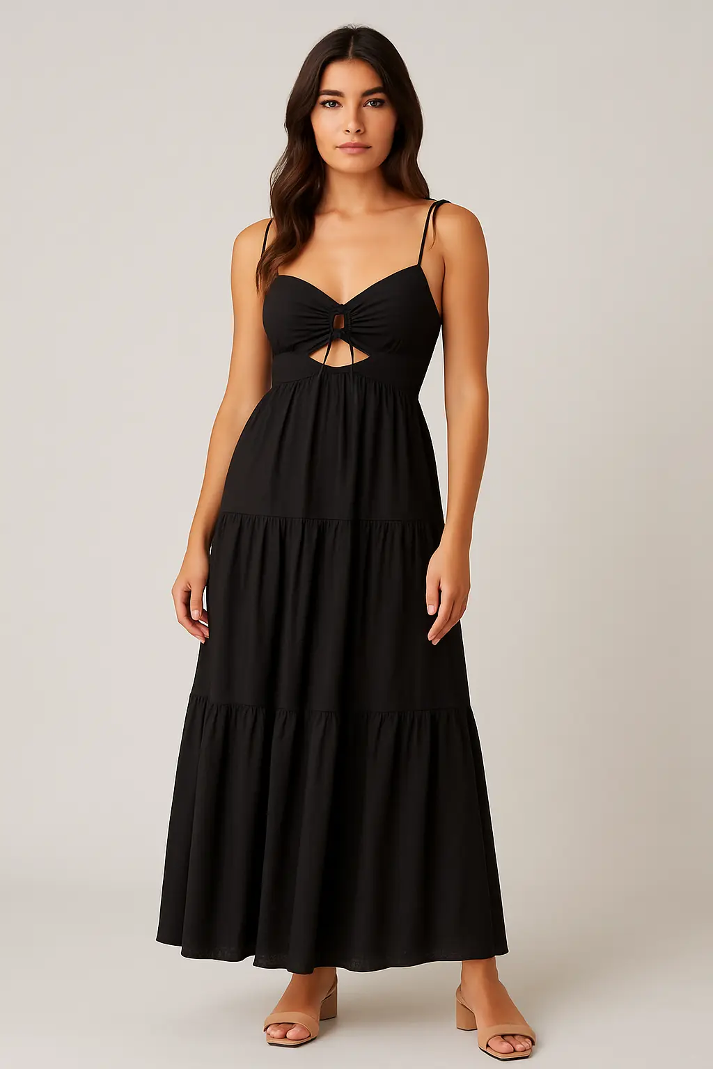 Northline Black Spaghetti Strap Maxi Dress with Front Cut-Out & Lace-Up  Back  Tiered Summer Beach & Party Wear for Women | Northline