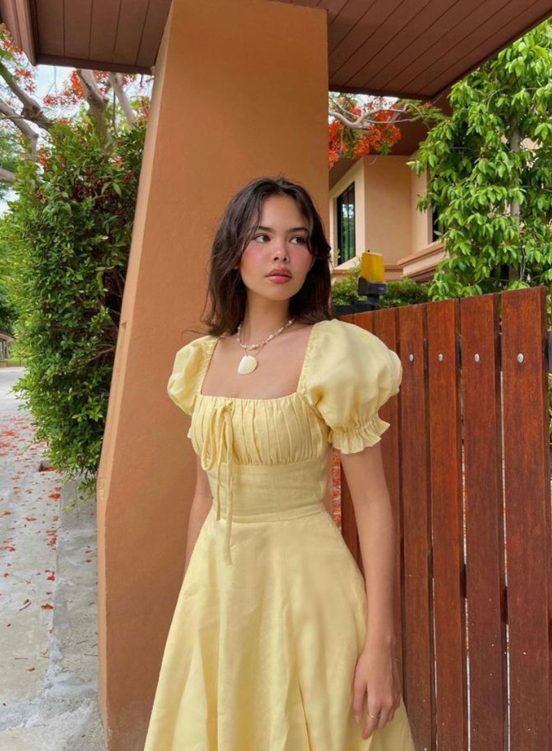 yellow puff sleeve dress The Britney Dress- thigh Material Women's Yellow Broderie Puff Sleeve