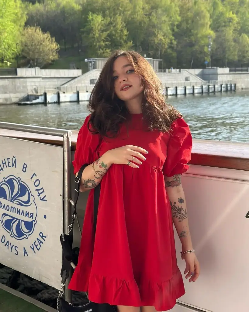 Northline Hot Red Cotton Ruffle Dress Casual Wear for Women