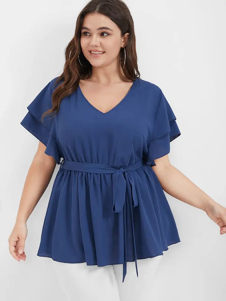 Northline Crepe Blue Summer Flounce Ruffle Sleeve Top For Women | Casual Wear