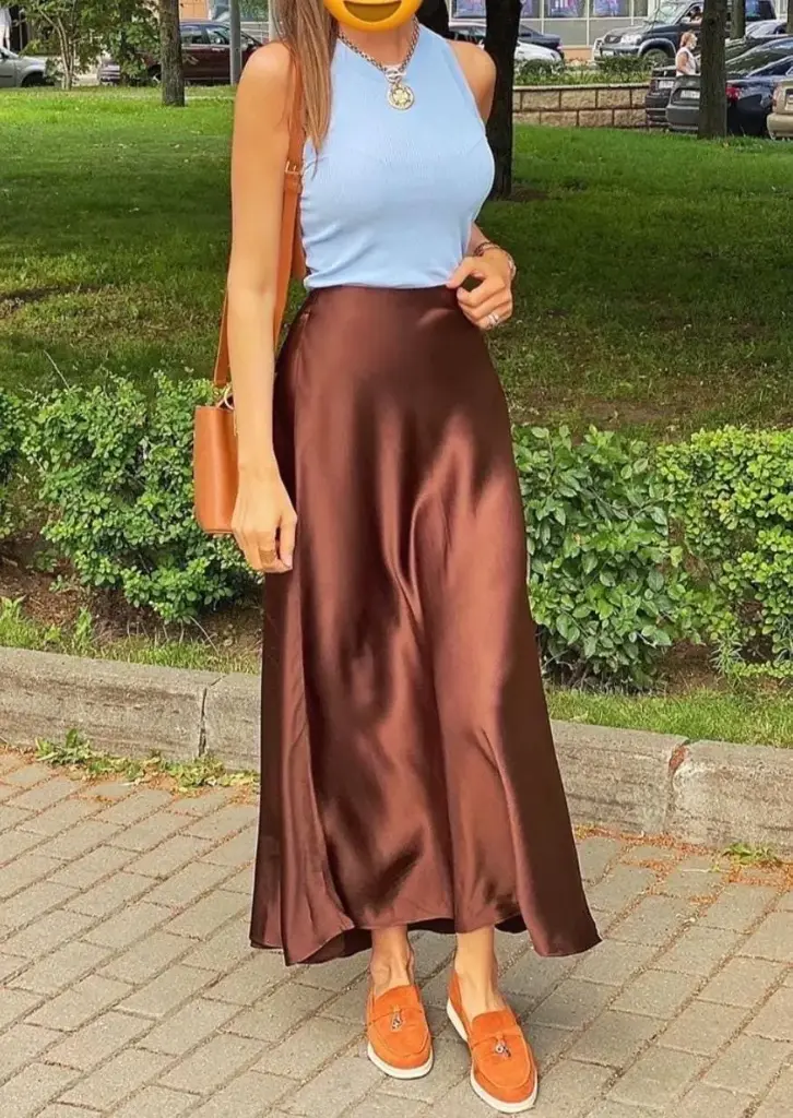 Flared High Waist Satin Midi Skirt For Women