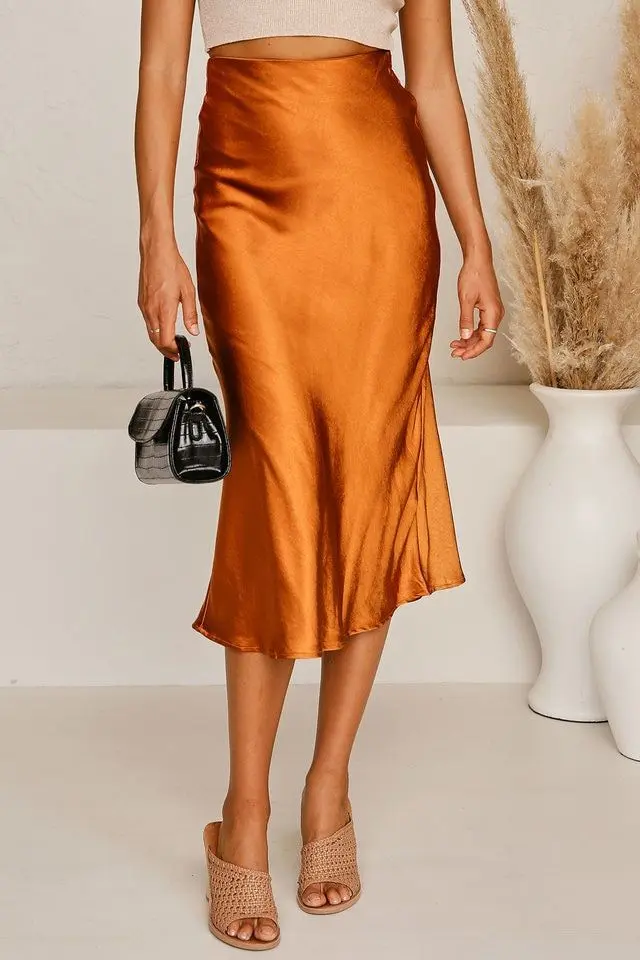 Flared High Waist Satin Midi Skirt For Women