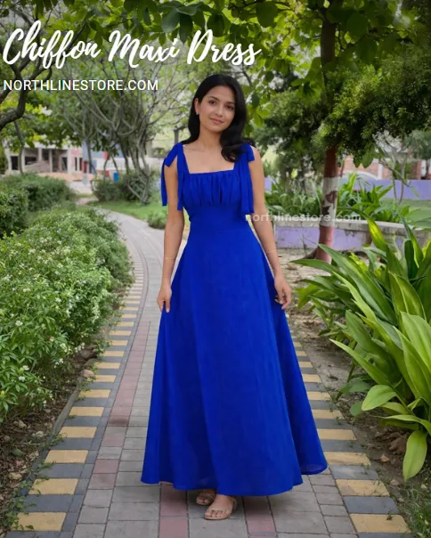 [NC14874-1] Northline Summer Sleeveless Maxi SunDress with Adjustable Tie-Up Shoulders and Cinched Corset Back (Royal Blue)