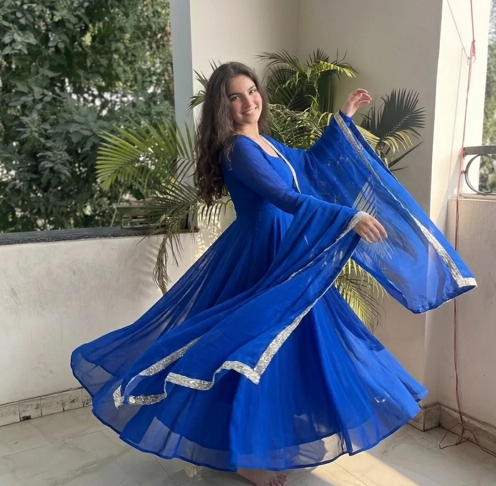 Royal-Blue Georgette Anarkali Kurti & Solid Dupatta Set | Customizable Sequined Border