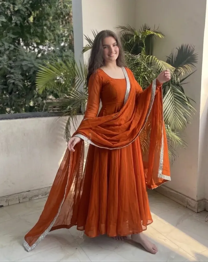 Rust-Orange Georgette Anarkali Kurti & Solid Dupatta Suit Set | Sequin Border | Festive Ethnic Gown