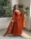 Rust-Orange Georgette Anarkali Kurti & Solid Dupatta Suit Set | Sequin Border | Festive Ethnic Gown