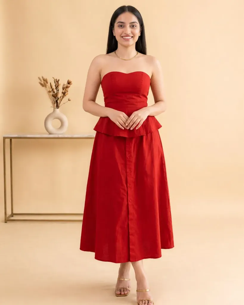 Strapless Scarlet Peplum Top & Midi Skirt Set