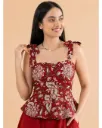 Ruby Red Floral Cotton Peplum Top – Tie Knot Shoulder Straps for Women