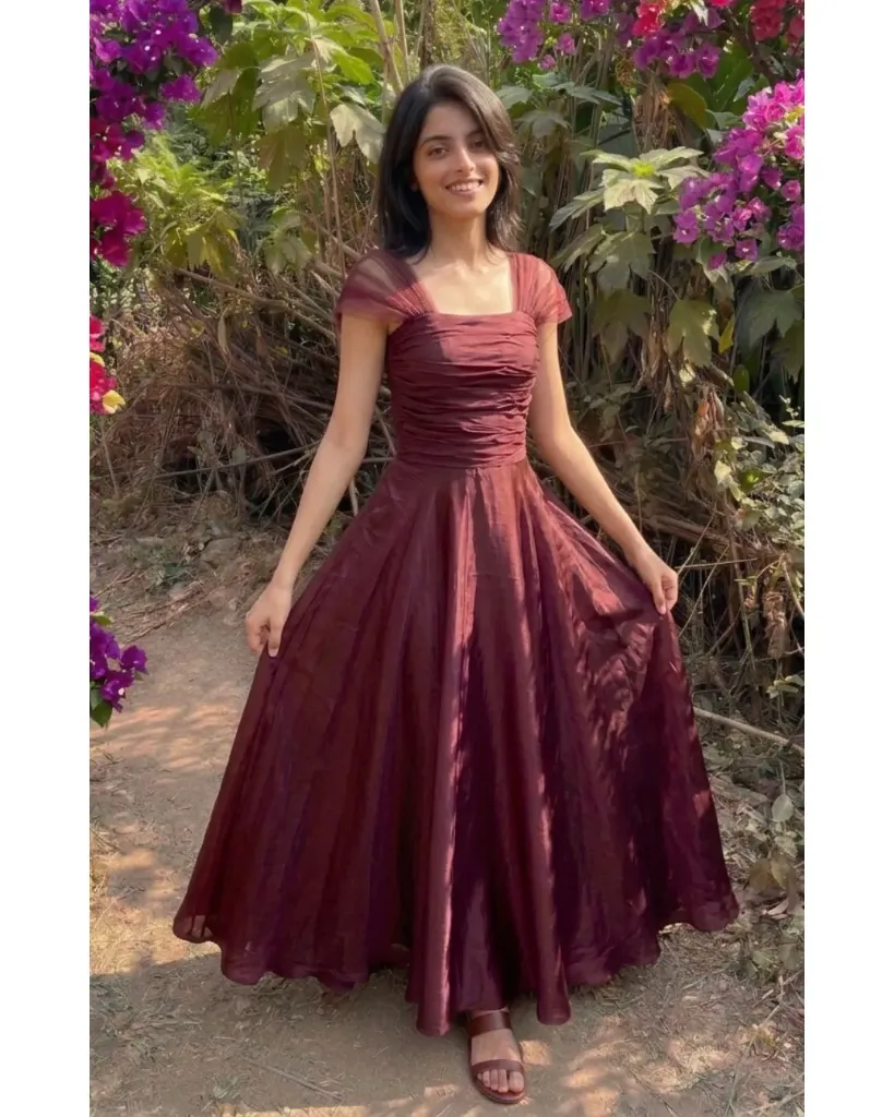 Burgundy Organza Midi Dress for Women | Elegant Party Wear