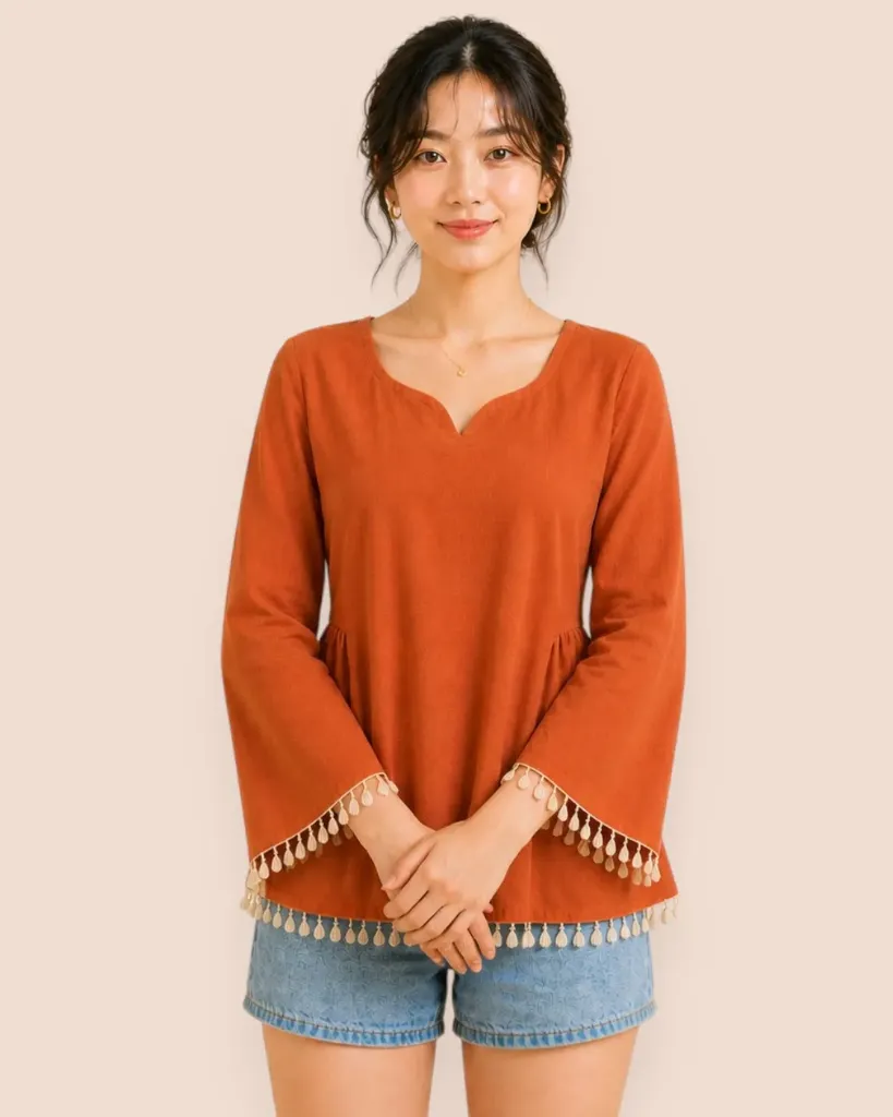 Rust Breeze Cotton Short Kurti/Tunic with Lace-Trim Bell Sleeves