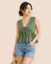 Northline Green Floral Tie-Up Peplum Summer Top for Women | Cute Sleeveless Cotton Casual Top