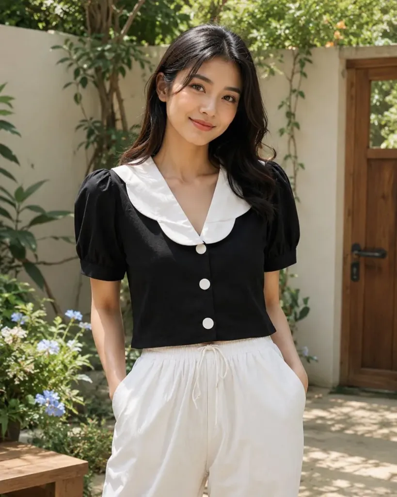 Black Peter Pan Collar Puff Sleeve Crop Top