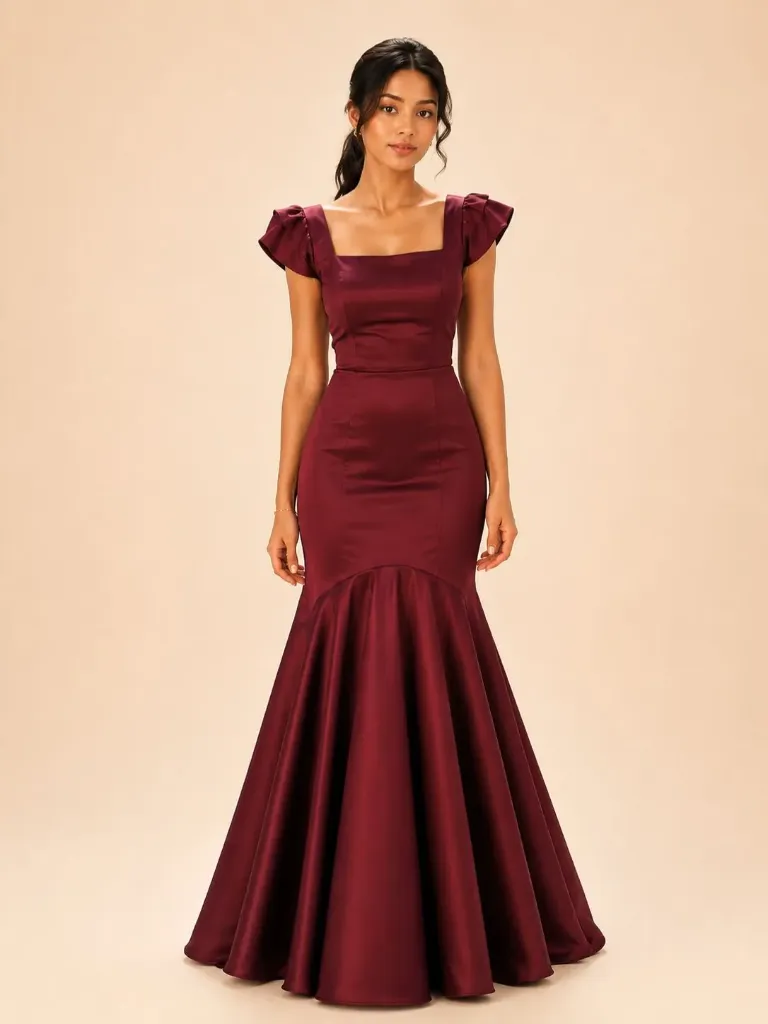 Burgundy Satin Mermaid Gown for Women | Square Neck Formal Evening Dress with Flutter Sleeves