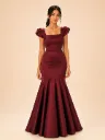 Burgundy Satin Mermaid Gown for Women | Square Neck Formal Evening Dress with Flutter Sleeves