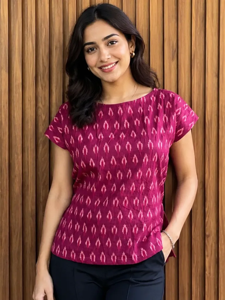 [IK-BX-TOP] Ikat Boxy Cotton Top with Adjustable Tie Belt – Magenta Pink