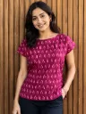 Ikat Boxy Cotton Top with Adjustable Tie Belt – Magenta Pink