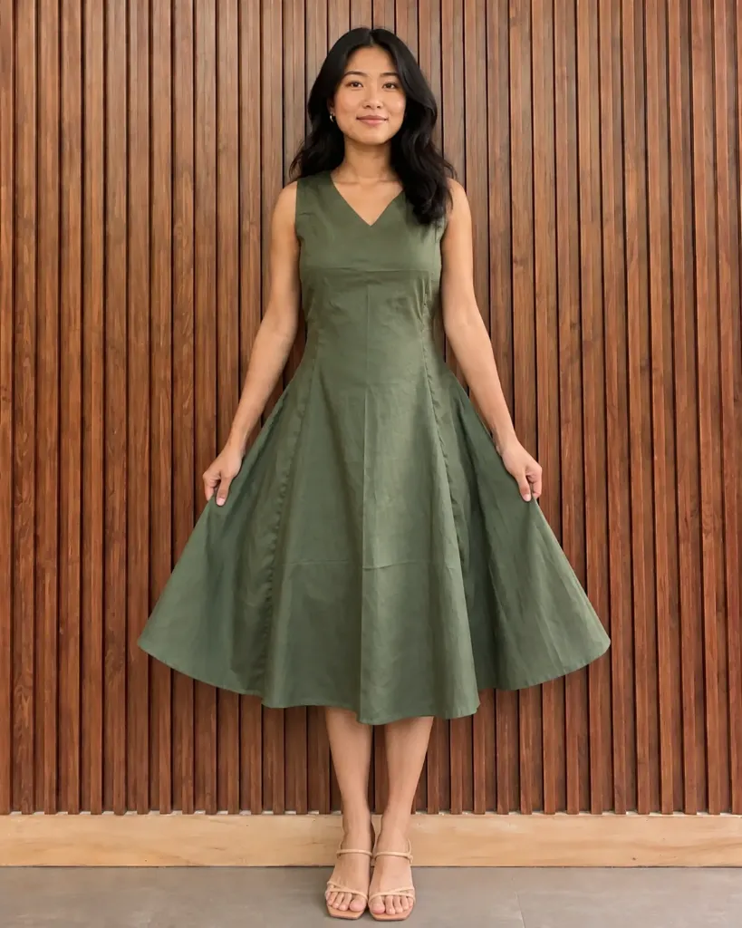 Bella Olive Green Cotton Poplin Midi Dress with Adjustable Belt