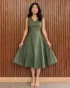 Bella Olive Green Cotton Poplin Midi Dress with Adjustable Belt