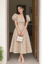 Northline Beige Schiffli Floral Midi Dress