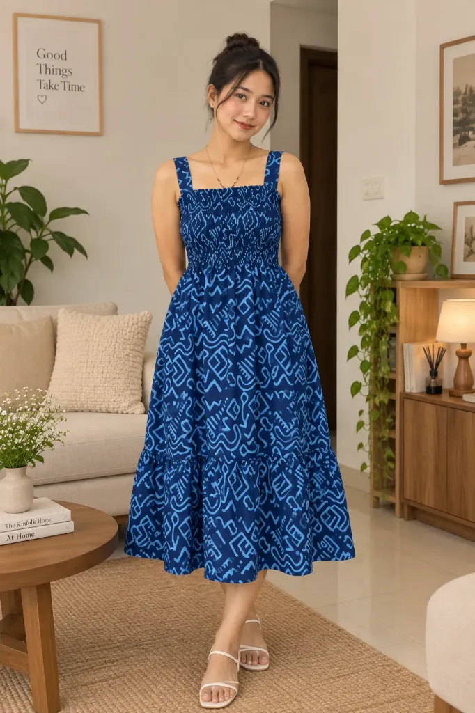 Northline Blue Abstract Printed Smocked Midi Dress
