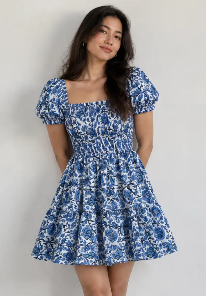 [BL-SMC101] Blue Floral Pure Cotton Smocked Puff Sleeve Vacation Dress