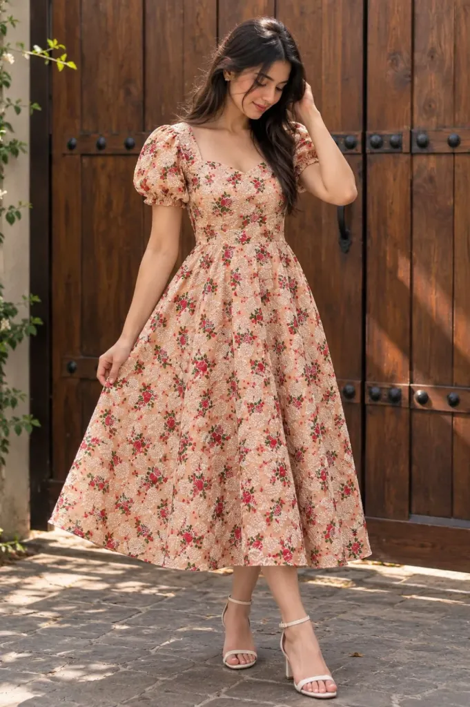 Northline Peach Schiffli Floral Midi Dress