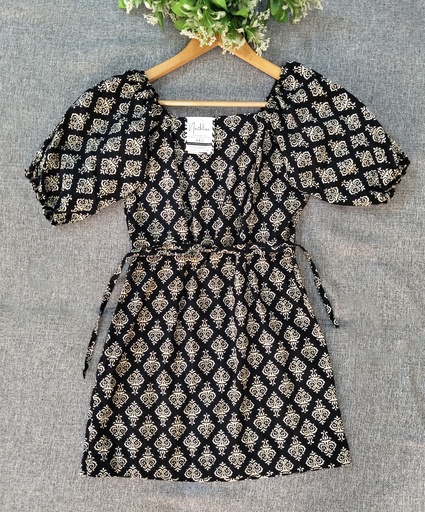 [NC10067] Northline Black Cotton Sanganeri A-Line Dress