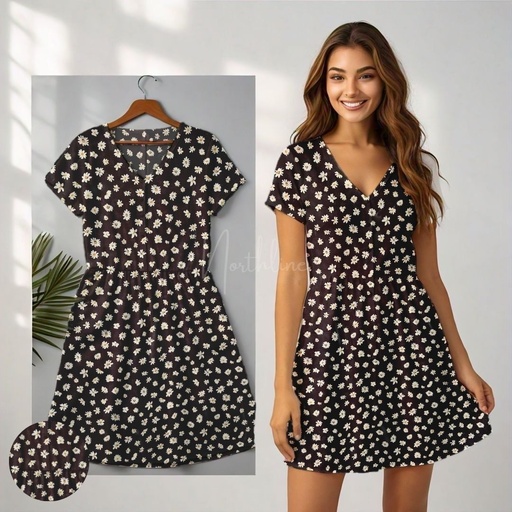 [NC10017] Northline Black Daisy Print V-Neck Dress