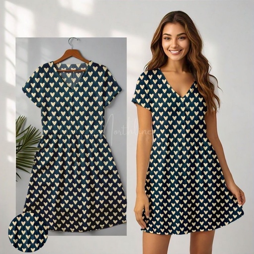 [NC10022] Northline Blue & White Heart Print V-Neck Dress