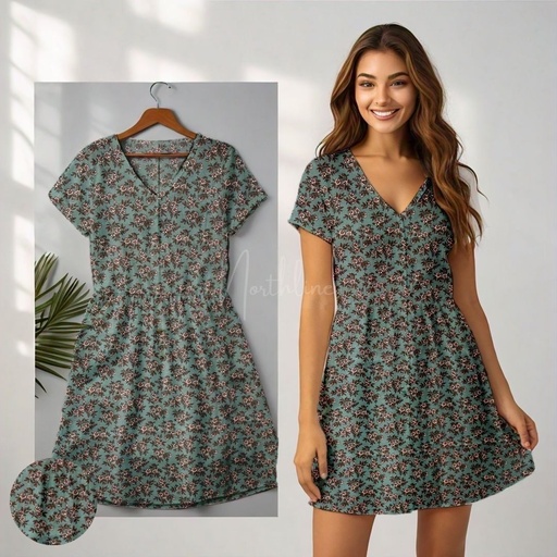[NC10056] Northline Pastel Sea Green Print V-Neck Dress