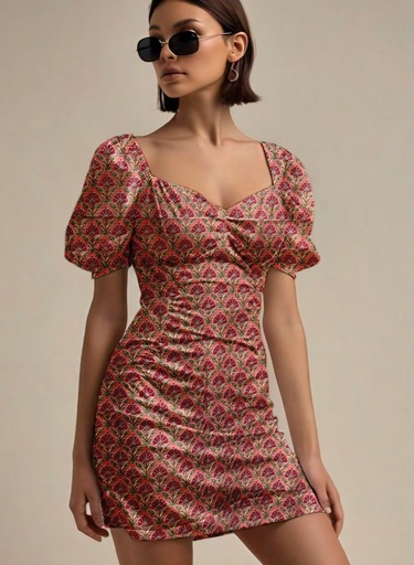 Northline Handblock Retro Puff Sleeve Mini Dress