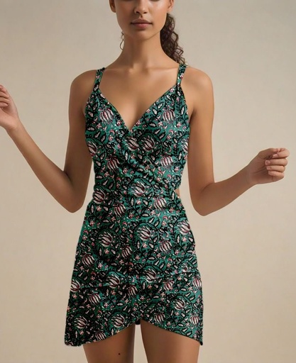 Northline Handblock Green Wrap Mini Dress with Spaghetti Strap 
