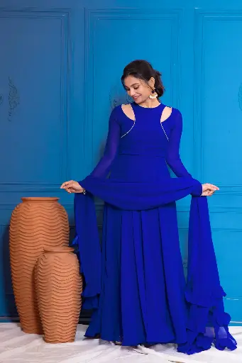 [[NC10097] Royal Blue Overlapped Anarkali with Dupatta