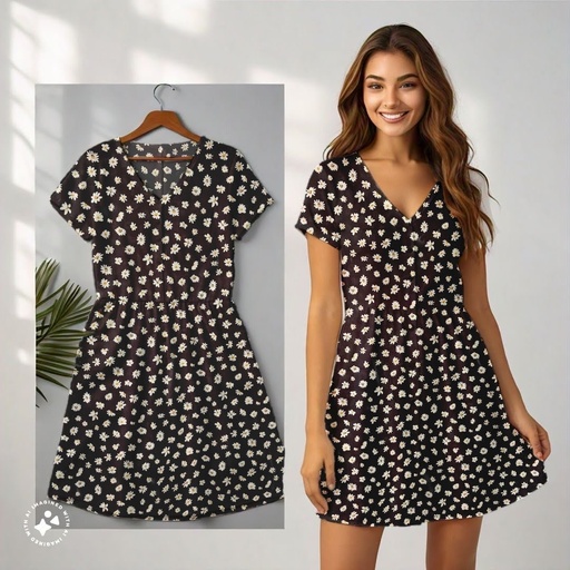 [NC10066] Northline Black Daisy Print V-Neck Dress
